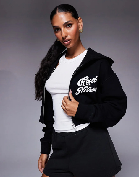  Good For Nothing Cropped Zip Through Hoodie In Black 