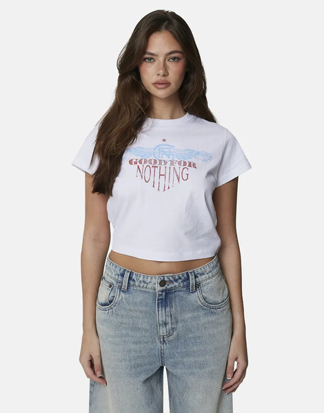  Good For Nothing Graphic Baby Tee In White 
