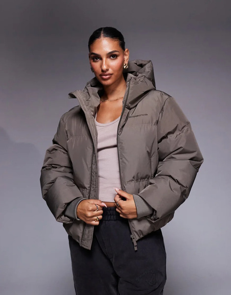  Good For Nothing Hooded Puffer Jacket In Taupe Neutral 