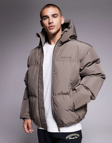  Good For Nothing Hooded Puffer Jacket In Taupe Neutral 