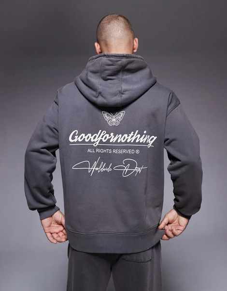  Good For Nothing Oversized Graphic Back Print Overhead Hoodie In Grey 