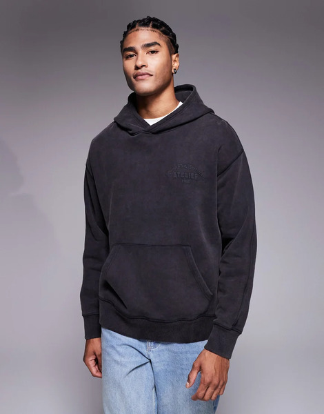  Good For Nothing Oversized Pullover Hoodie In Washed Black With Butterfly Back Print 
