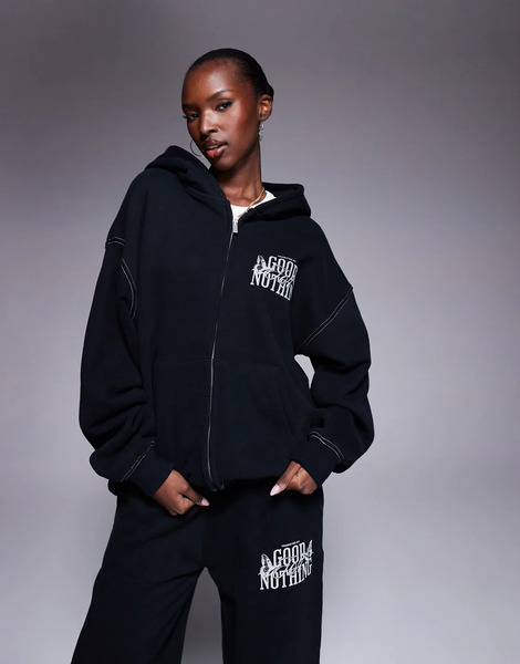  Good For Nothing Oversized Zip Through Hoodie In Black 