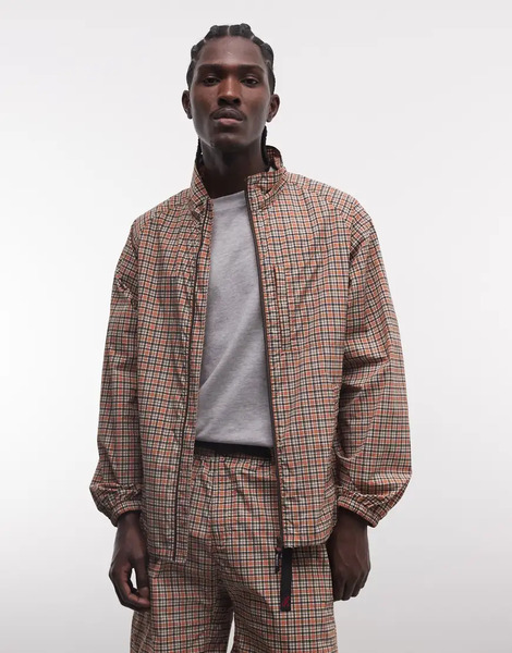  Gramicci Checkered Shell Zip Up Jacket Co Ord In Brick Check 