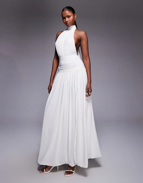  Heiress Beverly Hills High Neck Halterneck Tie Back Ruched Dropped Waist Open Back Maxi Dress In Cream White 