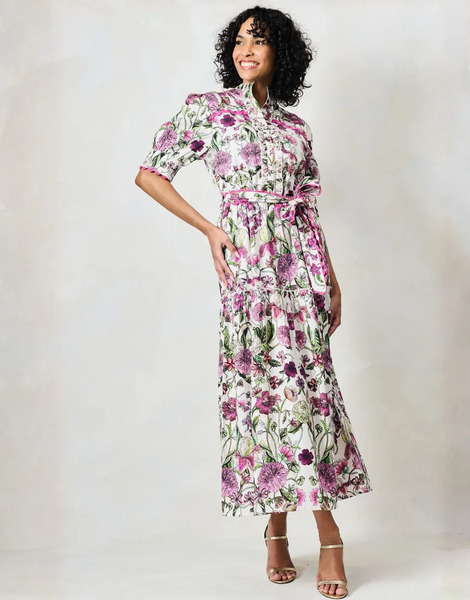  Hope & Ivy The Angela Button Front Midi Dress With Tiered Skirt And Tie Waist In White And Pink Multi 