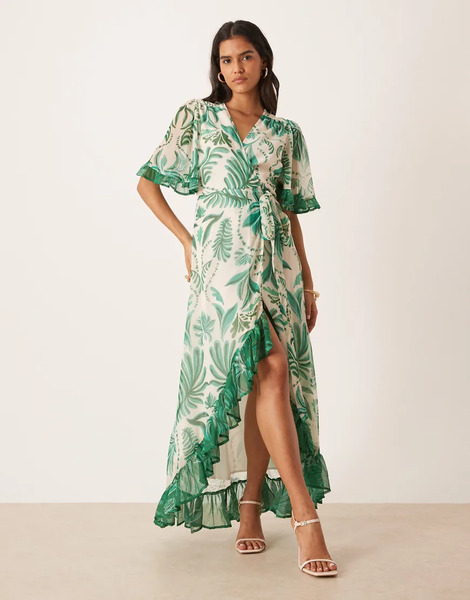  Hope & Ivy The Clarissa Contrast Print Frill Sleeve Maxi Wrap Dress With Tie Waist In Green And White 