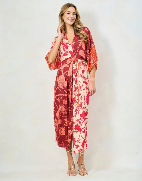  Hope & Ivy The Salma Kimono Sleeve Adjustable Tie Waist Midi Dress With Front Split In Orange, Pink, Burgundy Multi 