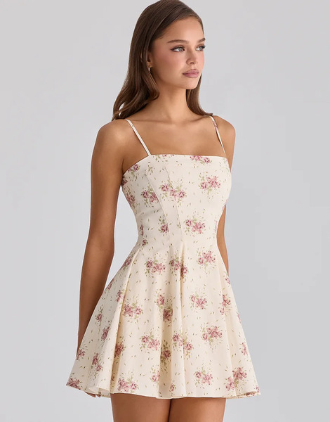  House Of Cb Dolly Ivory Vintage Rose Print Cotton Flared Mini Sundress In Ivory Vintage Rose Print White 