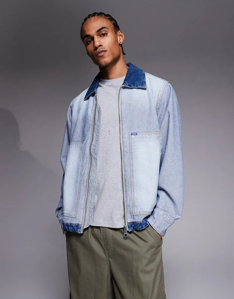  Hugo Blue Talian Zip Through Distressed Denim Jacket In Light Blue 