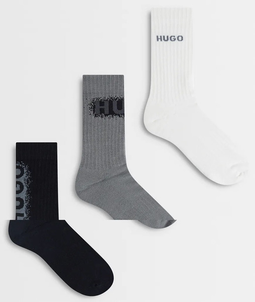  Hugo Red 3 Pack Spray Ribbed Large Logo Socks In Grey Multi 