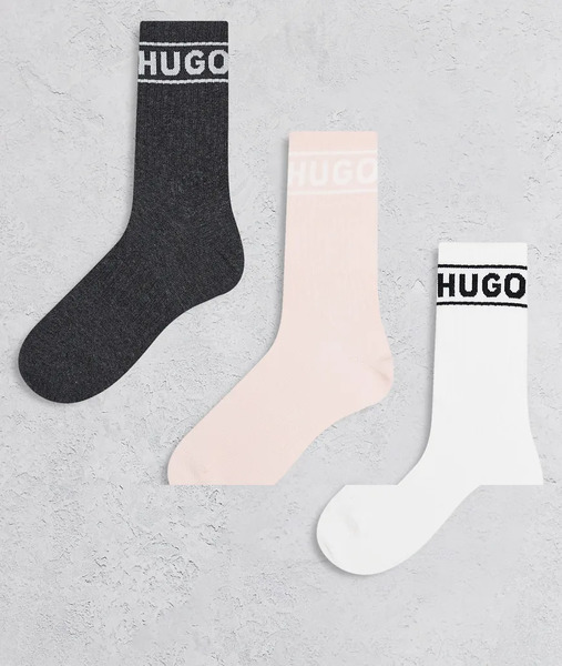  Hugo Red Qsrib 3 Pack Socks In Pink Grey And White Multi 