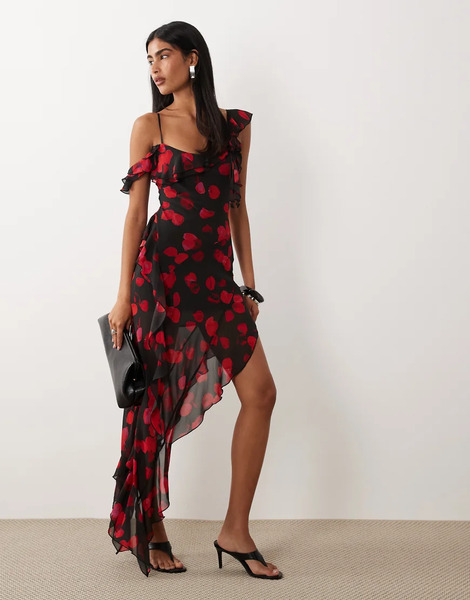  I. Am. Gia Julietta Georgette Chiffon Ruffle Detail Asymmetric Hem Maxi Dress In Black And Red Petal Print Multi 