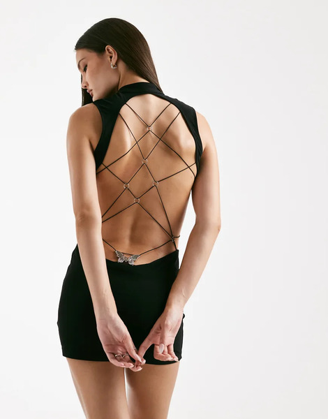  I. Am. Gia Larisa Slinky Keyhole Detail Open Cross Back Butterfly Pattern Hardware Mini Dress In Black 