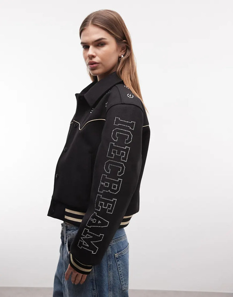  Icecream Diamante Logo Western Varsity Jacket In Black 