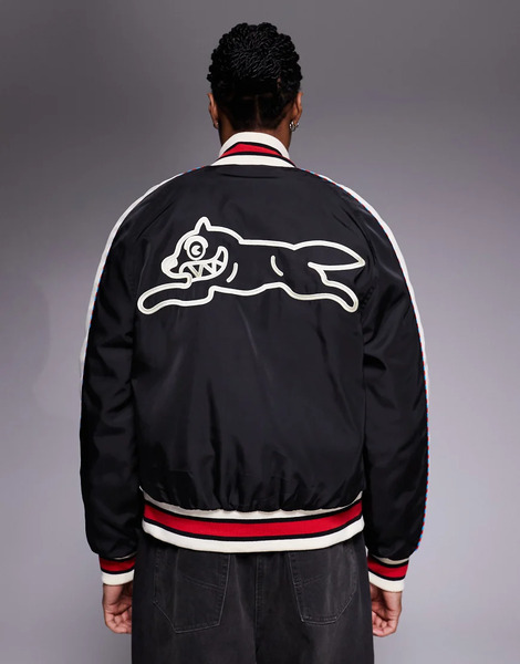  Icecream Running Dog Satin Bomber Jacket In Black 