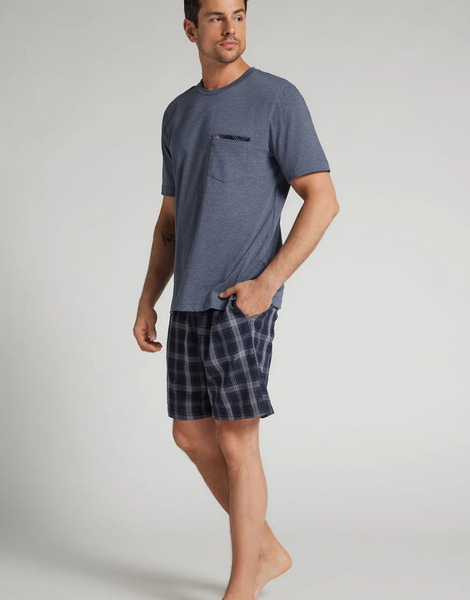  Intimissimi Short Pyjamas With Check Print In Denim Blue Blend Neutral 
