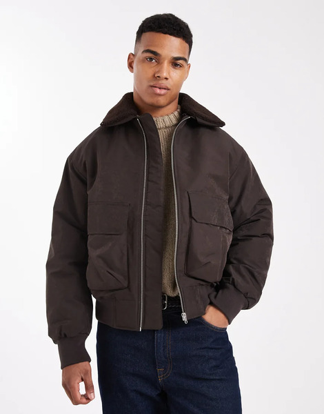  Jack & Jones Bomber Jacket With Borg Collar In Chocolate Brown 
