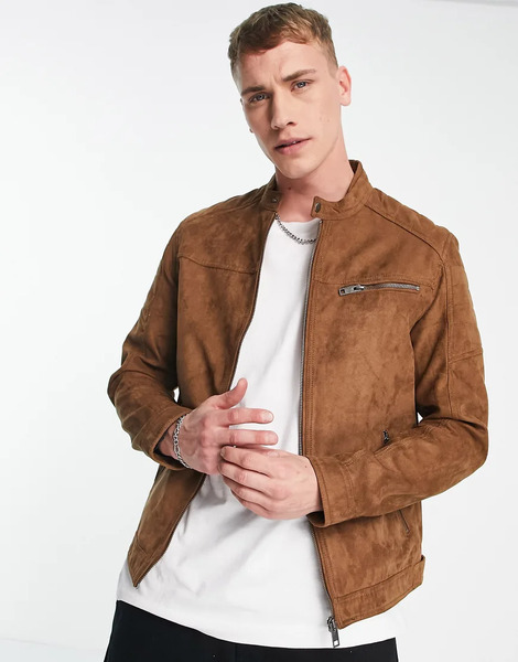 Jack & Jones Essentials Biker Jacket In Faux Suede Tan Brown 