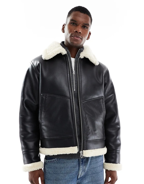  Jack & Jones Faux Leather Aviator Jacket In Black 