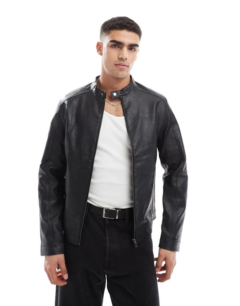  Jack & Jones Faux Leather Racer Jacket In Black 