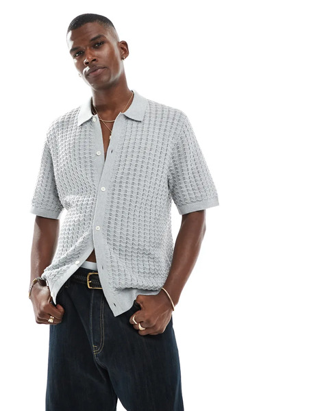  Jack & Jones Knit Button Through Polo In Grey 