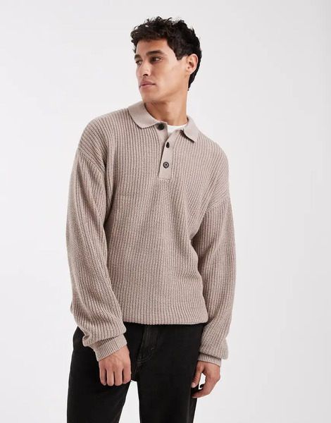  Jack & Jones Knitted Polo In Beige Neutral 