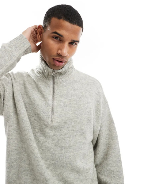  Jack & Jones Oversized Fluffy Half Zip In Grey Black 