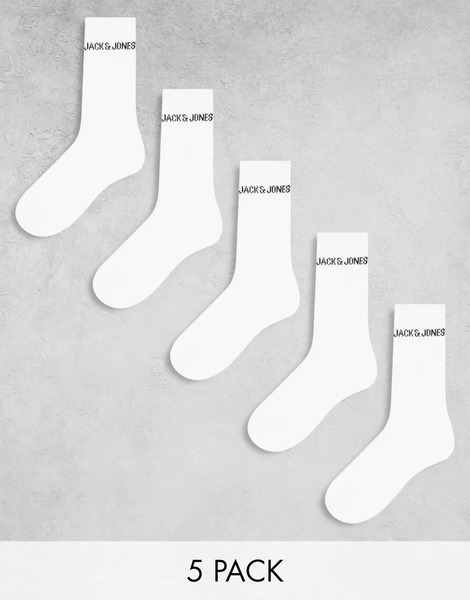  Jack & Jones 5 Pack Ribbed Logo Socks In White 