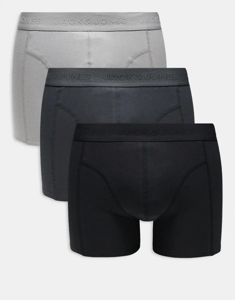  Jack & Jones 3 Pack Trunks In Black And Grey 
