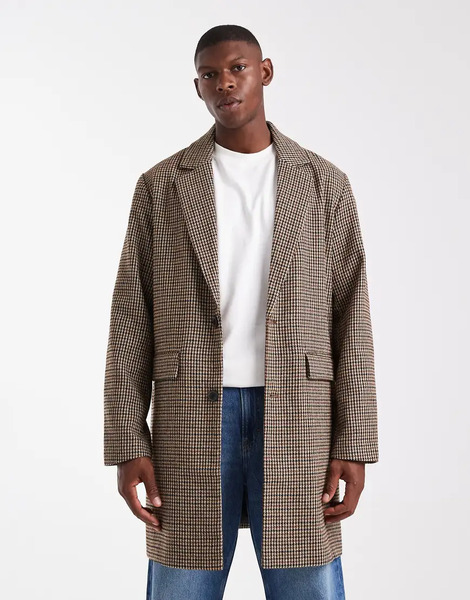  Jack & Jones Wool Look Overcoat In Brown Check 
