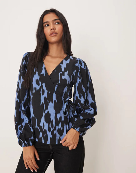  Jdy Abstract Print Wrap Blouse In Blue And Black 