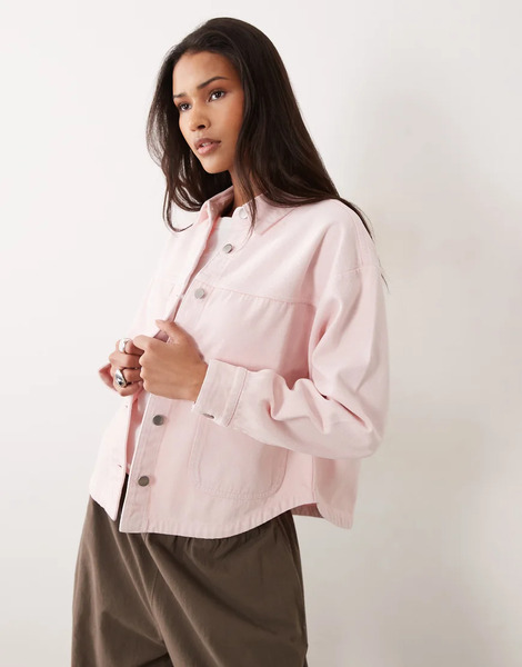  Jdy Boxy Denim Jacket With Front Pockets In Pale Pink 