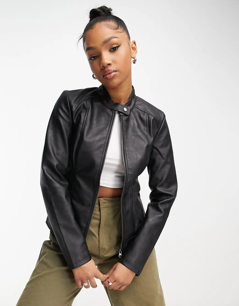  Jdy Collarless Faux Leather Jacket In Black 