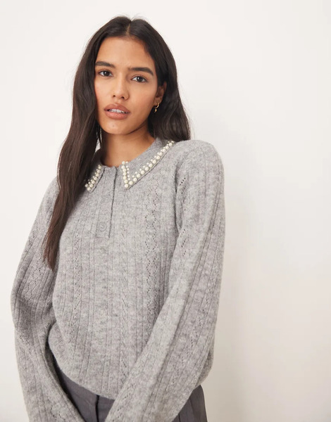  Jdy Faux Pearl Trim Collared Jumper In Grey 