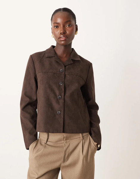 Jdy Faux Suede Jacket In Chocolate Brown 