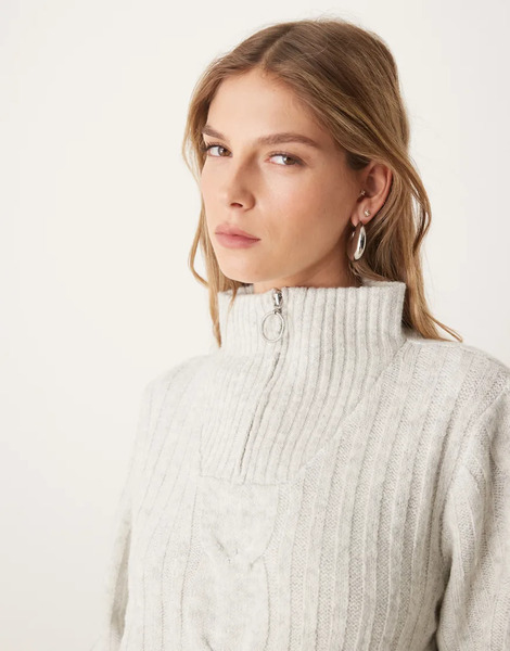  Jdy Half Zip Cable Pullover Jumper In Light Grey 
