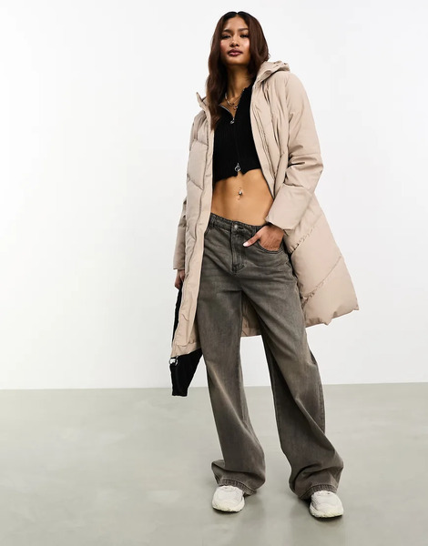  Jdy Longline Padded Chevron Coat In Stone Neutral 