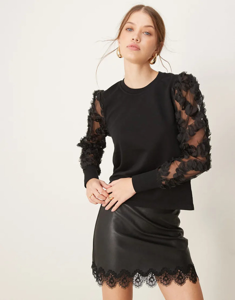  Jdy Mesh Flowers Sleeve Jumper In Black 