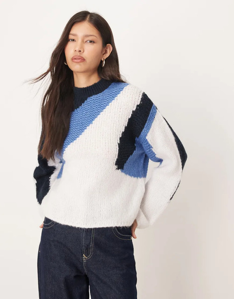  Jdy Mixed Colour Block Jumper In Blue And Black 