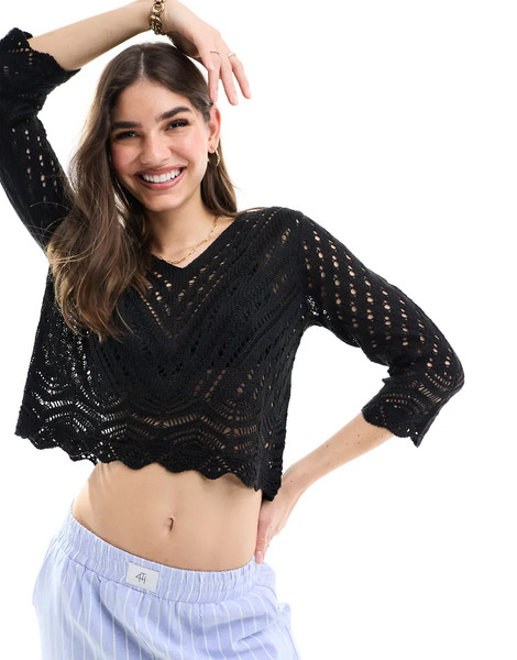  Jdy Open Knit Scallop Edge Top In Black 