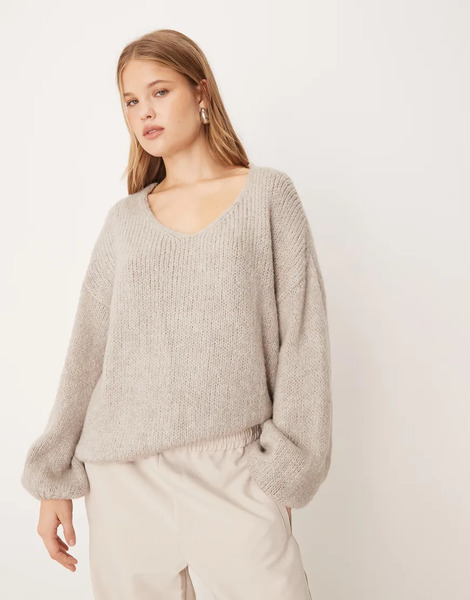 Jdy Oversized Reversible Knit Jumper In Stone Grey Neutral 