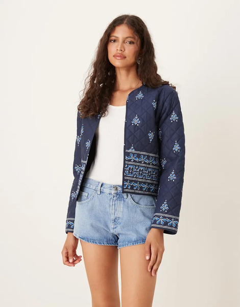  Jdy Quilted Lightweight Jacket In Navy Blue Print 