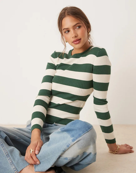  Jdy Round Neck Stripe Jumper In Green Stripe 