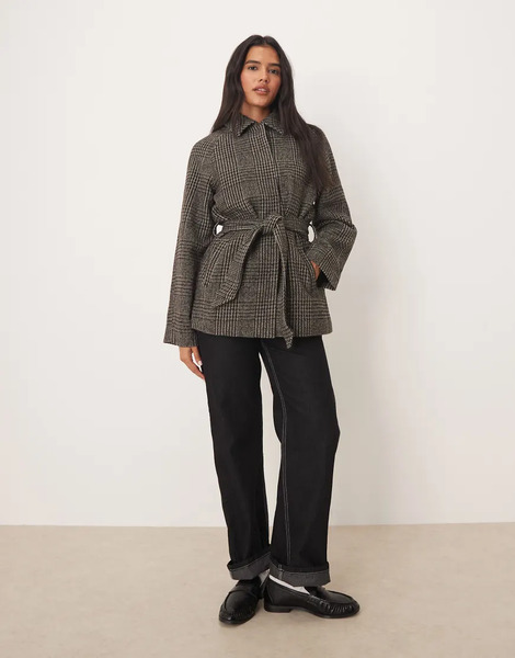  Jdy Tie Waist Coat In Dark Check Grey 