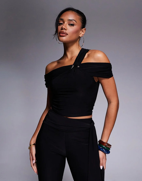  Kaiia Exclusive Double Layered Slinky Asymmetric One Shoulder Gold Hardware Detail Top Co Ord In Black 
