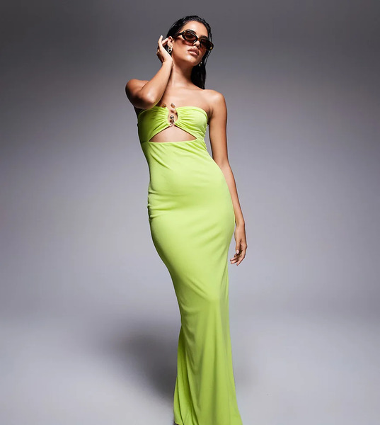  Kaiia Exclusive Double Layered Slinky Bandeau Gold Hardware Bust Detail Thigh Split Maxi Dress In Lime Green 