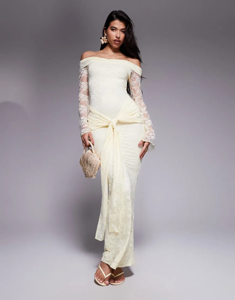  Kaiia Exclusive Double Layered Slinky Lace Bardot Flare Sleeve Tie Waist Drape Detail Maxi Dress In Lemon Yellow 