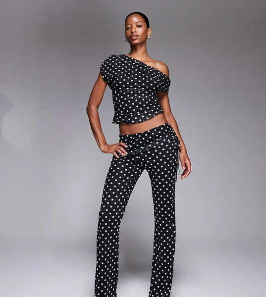  Kaiia Exclusive Double Layered Slinky Mesh Foldover Ruched Detail Trousers Co Ord In Mono Polka Dot Multi 