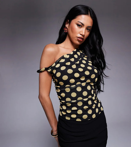  Kaiia Exclusive Double Layered Slinky Mesh Twist Off Shoulder Top In Black And Yellow Polka Dot Multi 